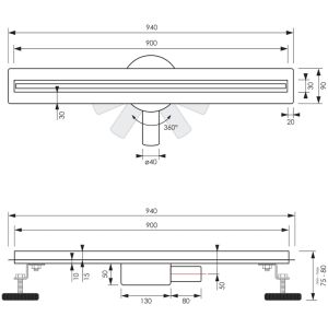 Brauer DR-XS90NG douchegoot XS met flens en draaibare sifon 3 x 90cm RVS geborsteld