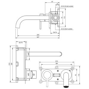 Brauer Edition 5-GK-083-B1-65 inbouw wastafelmengkraan met gebogen uitloop en rozetten model E2 koper geborsteld PVD