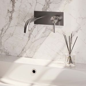 Brauer Carving 5-NG-004-B6 inbouw wastafelmengkraan met gebogen uitloop en afdekplaat model A1 RVS geborsteld PVD