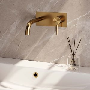 Brauer Edition 5-GG-004-B2 inbouw wastafelmengkraan met gebogen uitloop en afdekplaat model A1 goud geborsteld PVD